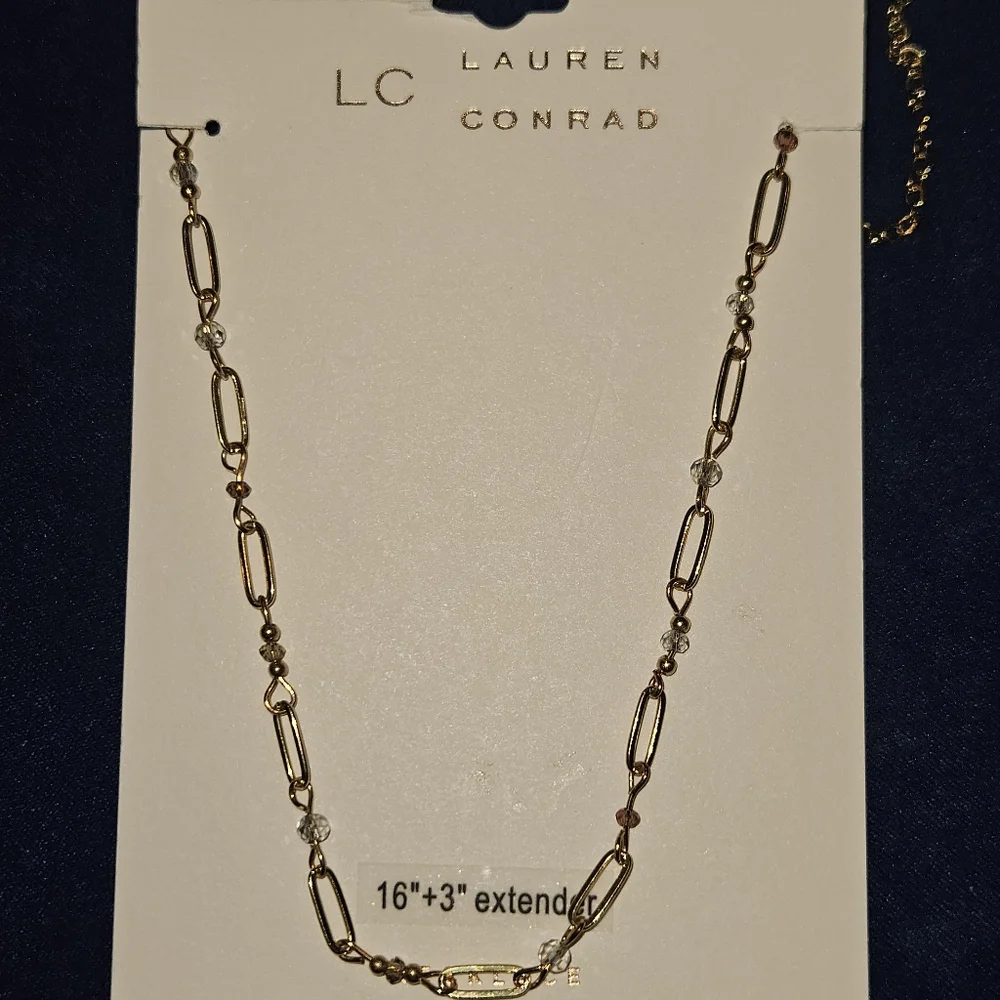 LC Lauren Conrad Gold Link Layering Necklace with Beaded Accents NWT
